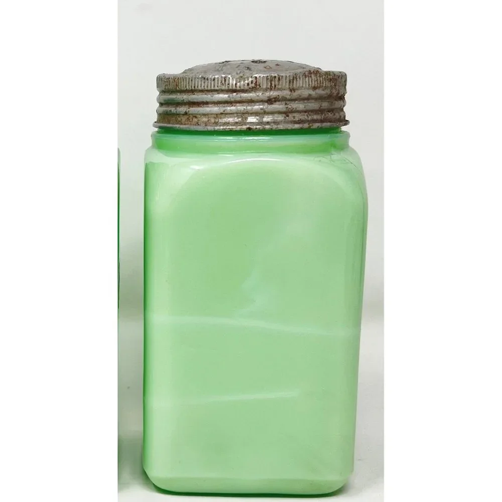 McKee Jadite Uranium Large Letters Glass Salt Shaker - Damaged Lid Front Graphic